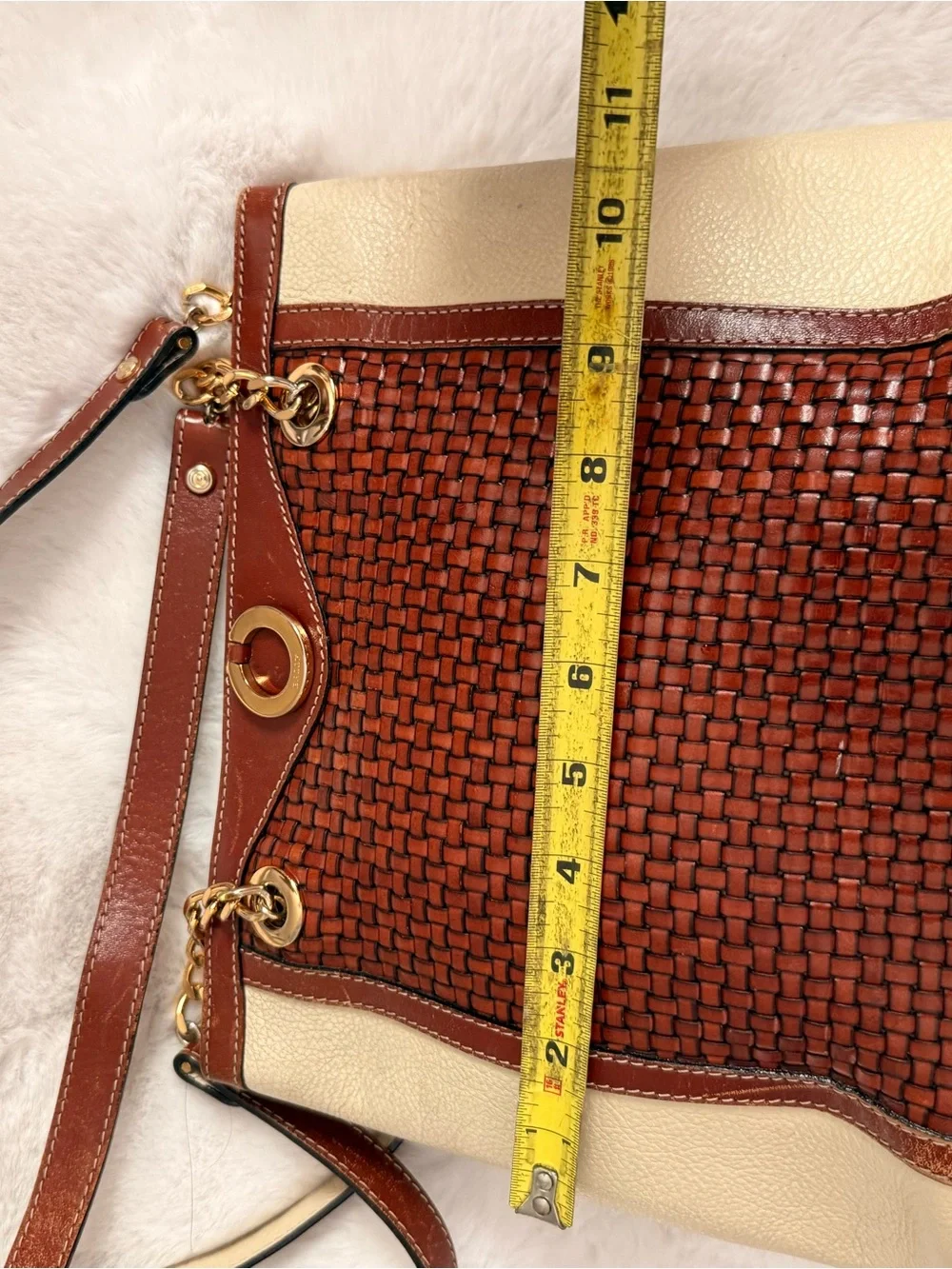Bally vintage Brown Woven Leather Shoulder Bag with Cream Sides
